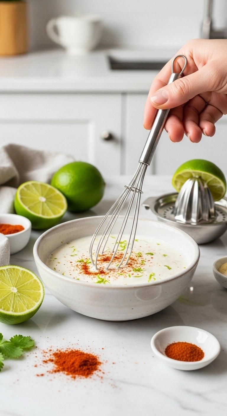 Whisking Zesty Creamy Dressing With Lime Zest And Chili Powder In A Ceramic Bowl On A White Marble Countertop.