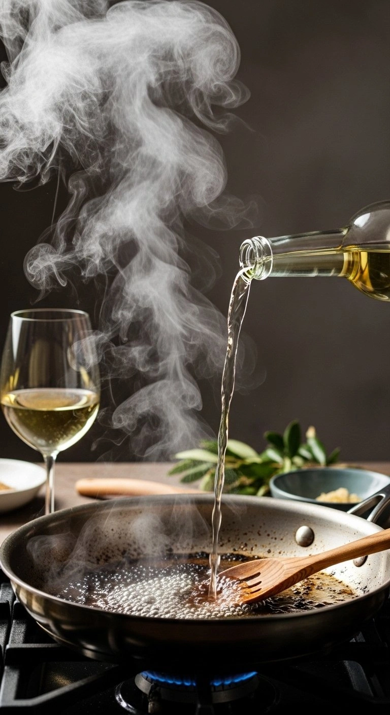 White Wine Pouring Into A Hot Skillet To Deglaze Flavor-Packed Browned Bits With A Cloud Of Aromatic Steam.