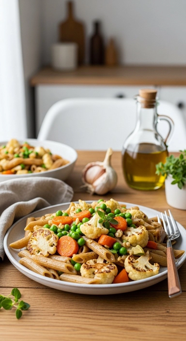 Wholesome Gluten-Free Brown Rice Penne Pasta Primavera With Roasted Cauliflower, Carrots, And Peas On A Plate.
