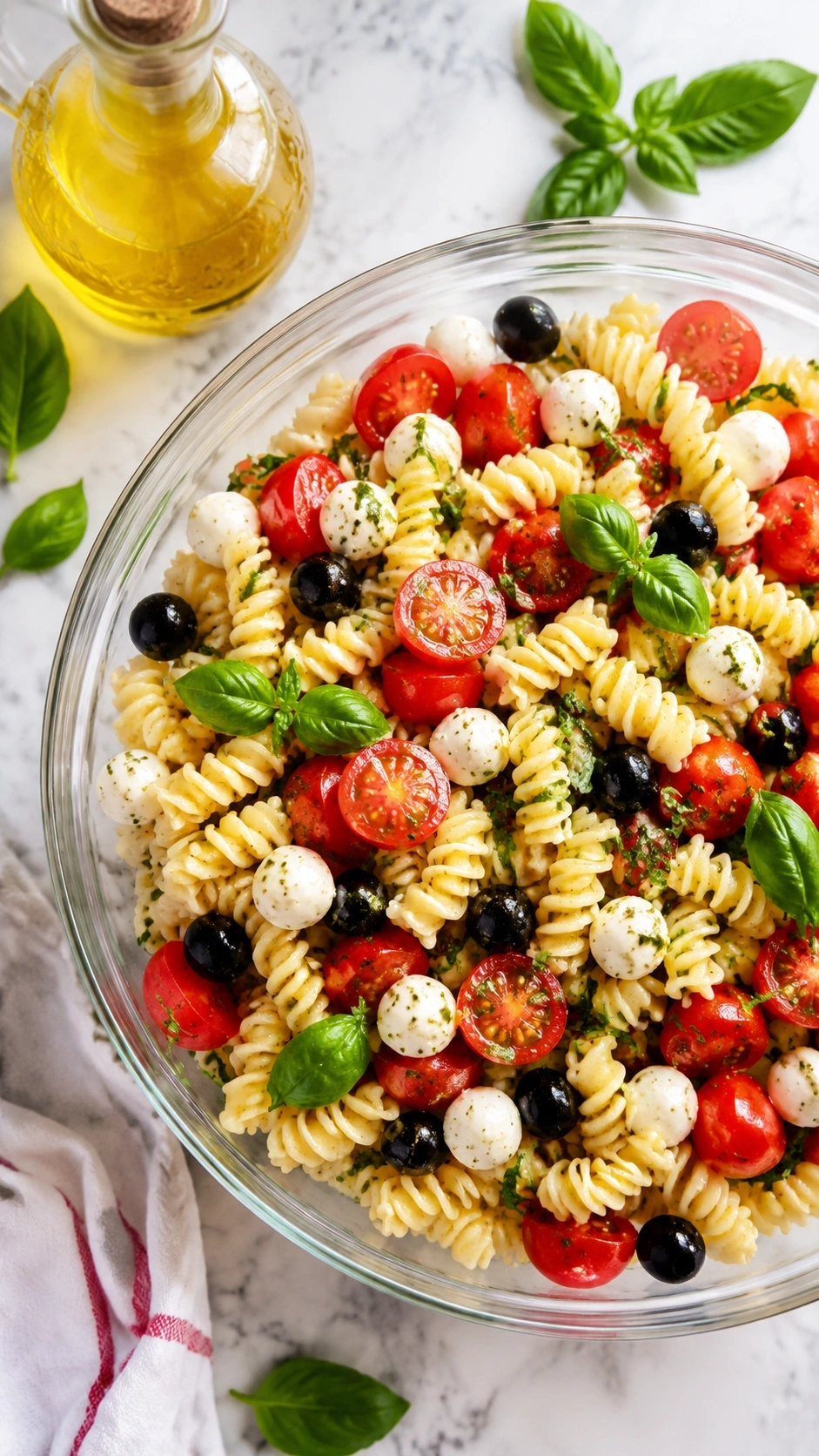Zesty Italian pasta salad with rotini, cherry tomatoes, and mozzarella pearls in a bowl on a marble counter.