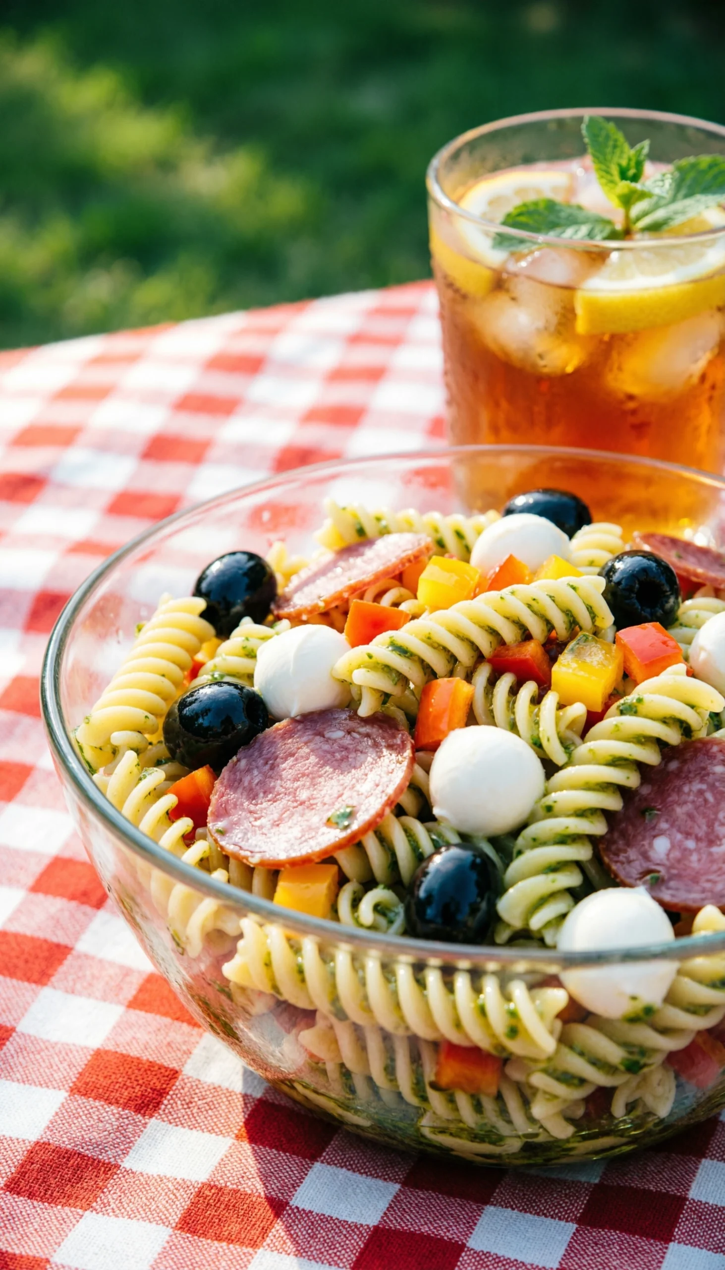 Zesty Italian pasta salad with rotini, salami, and mozzarella pearls on a red and white checkered picnic tablecloth.