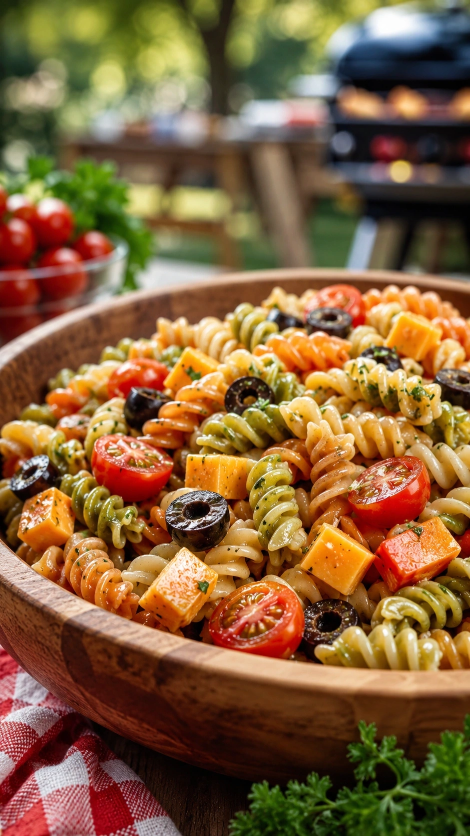 Zesty Italian tri-color rotini pasta salad with tomatoes, olives, and cheese in a wooden bowl for a summer BBQ.