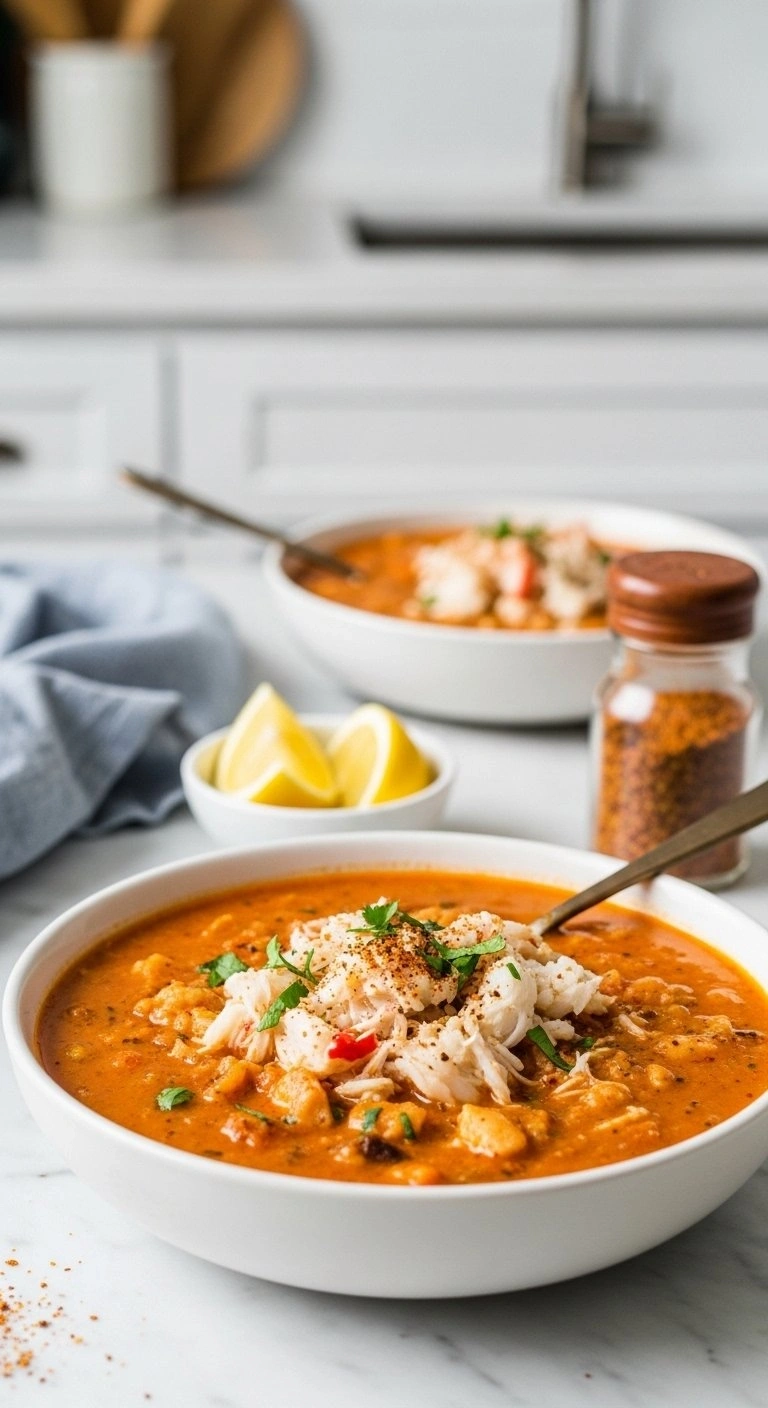 Zesty Bay Scallop And Crab Meat Chili Topped With Seasoning On A Marble Countertop With Fresh Lemon Wedges.