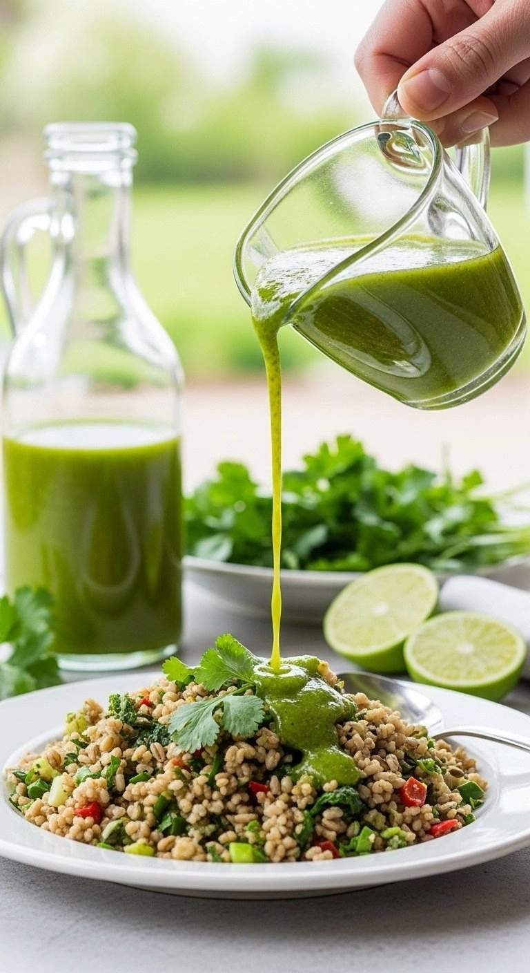Zesty Cilantro Lime Vinaigrette Dressing Pouring From A Glass Cruet Onto A Healthy Grain Bowl In A Bright Garden.