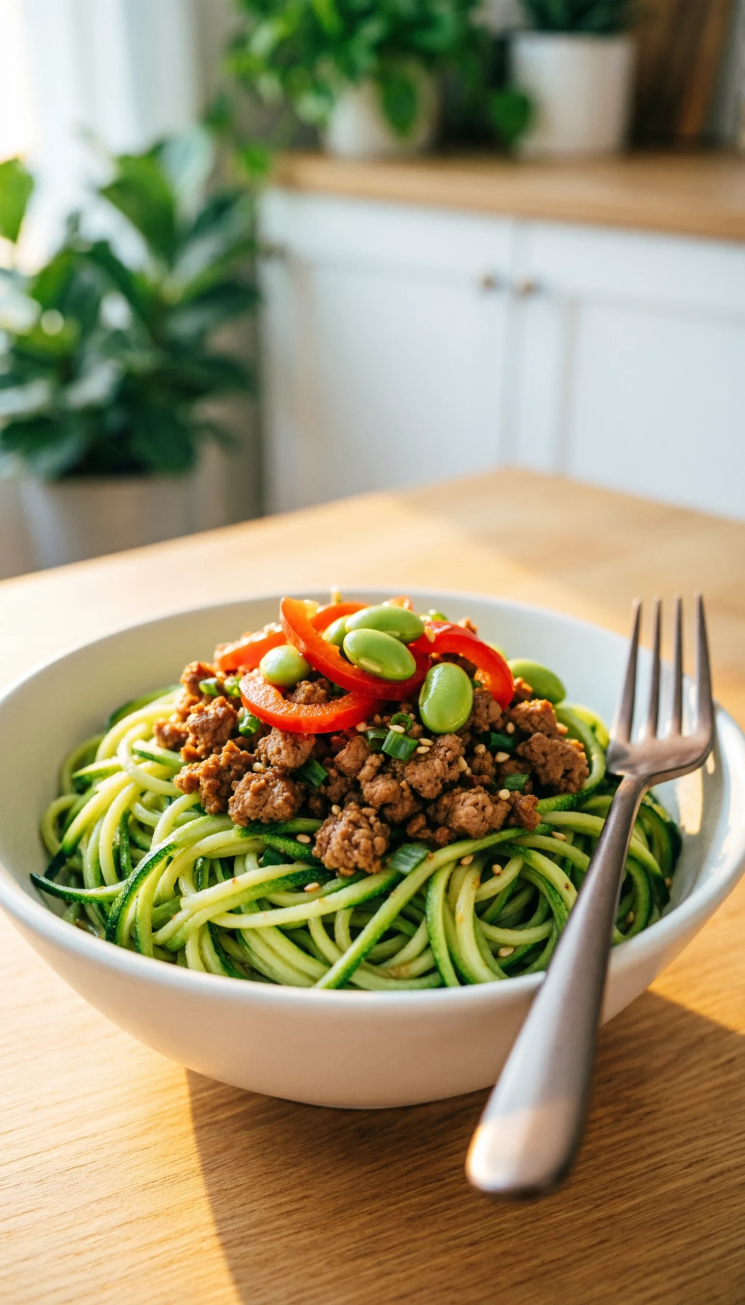 Zucchini noodle bowl topped with Korean ground turkey, red bell peppers, and edamame on a light wood surface.