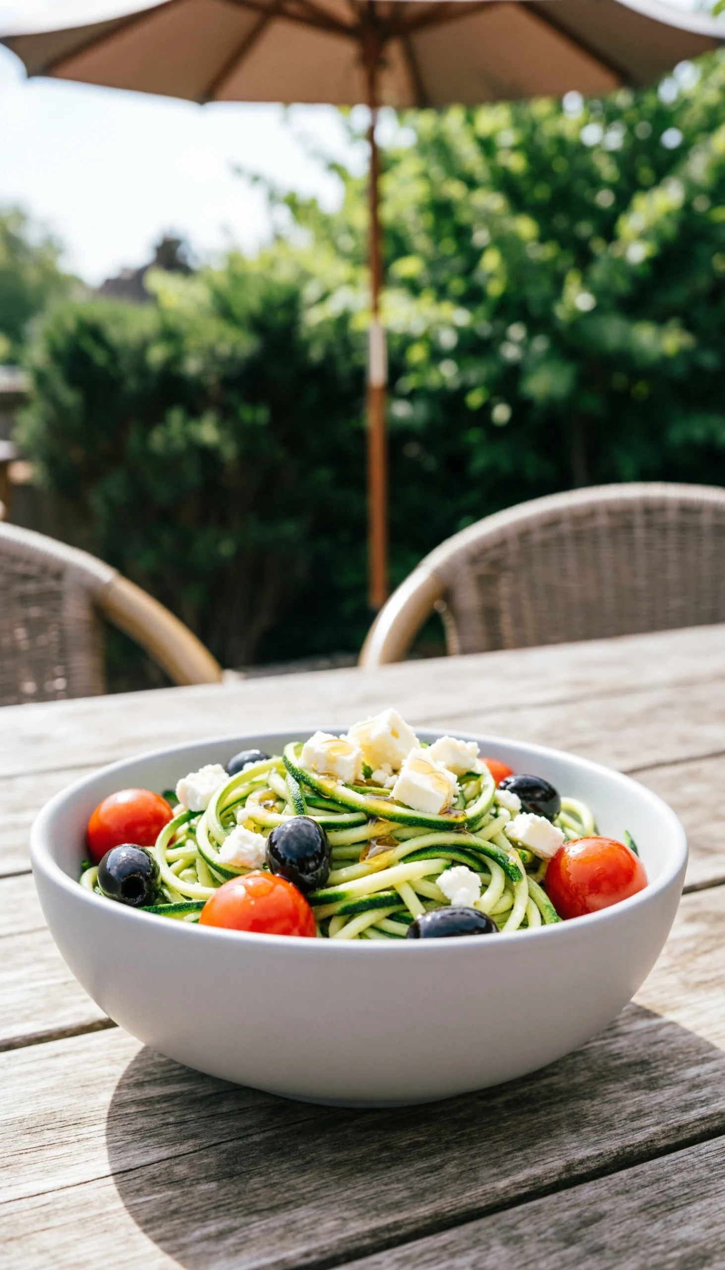 Zucchini noodle pasta salad with cherry tomatoes, olives, and feta in a white bowl on a rustic outdoor patio table.