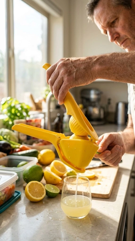 A Testing Setup Showing The Istarcas Squeezer Next To Halved Lemons, A Measuring Glass, And A Traditional Round Citrus Press For Scale.