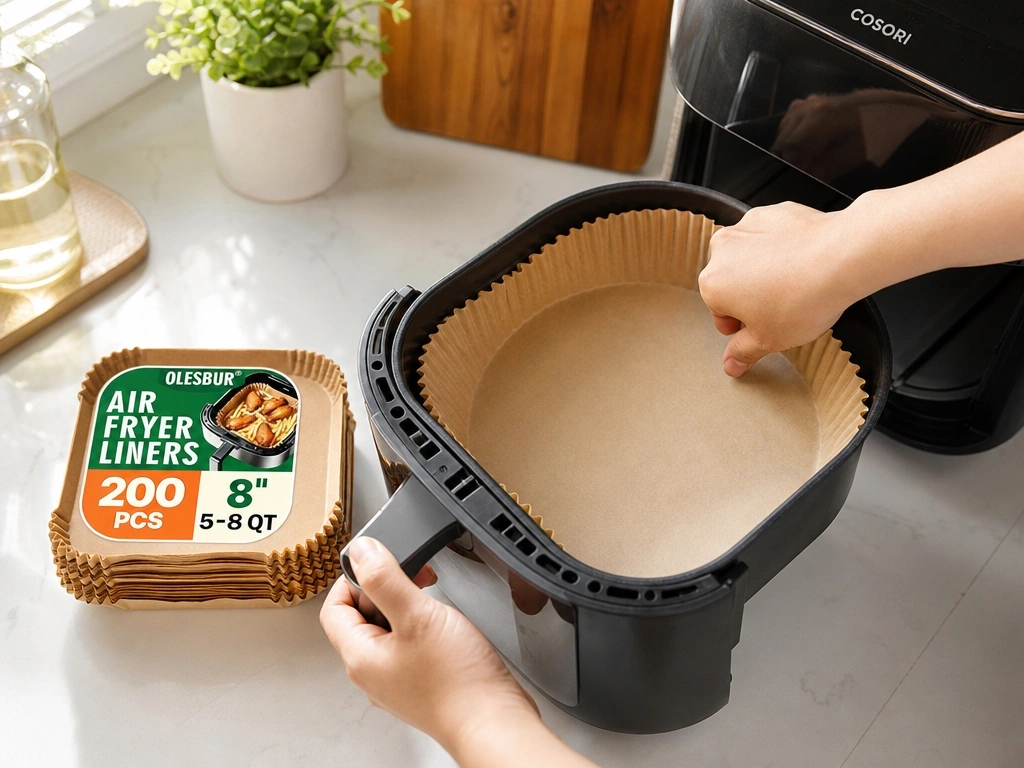 Testing setup showing the unbleached liner inside an air fryer basket with sticky cooked wings