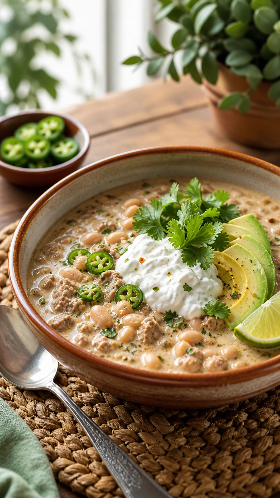 A bowl of creamy white bean turkey chili topped with avocado, Greek yogurt, and cilantro on a woven table placemat.