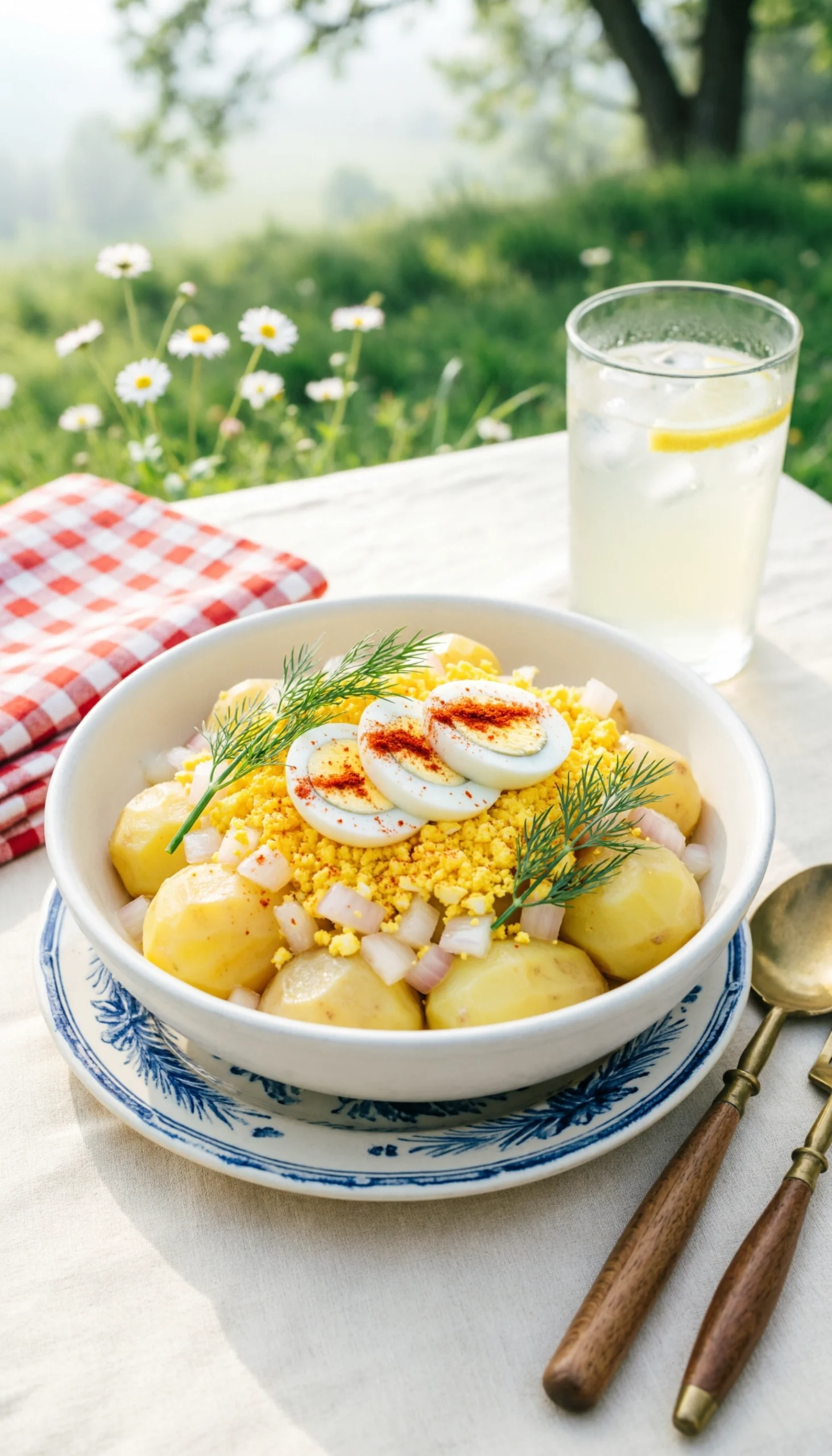 A classic creamy potato salad, garnished with sliced eggs, paprika, and fresh dill, sits on a linen tablecloth in a ceramic bowl.