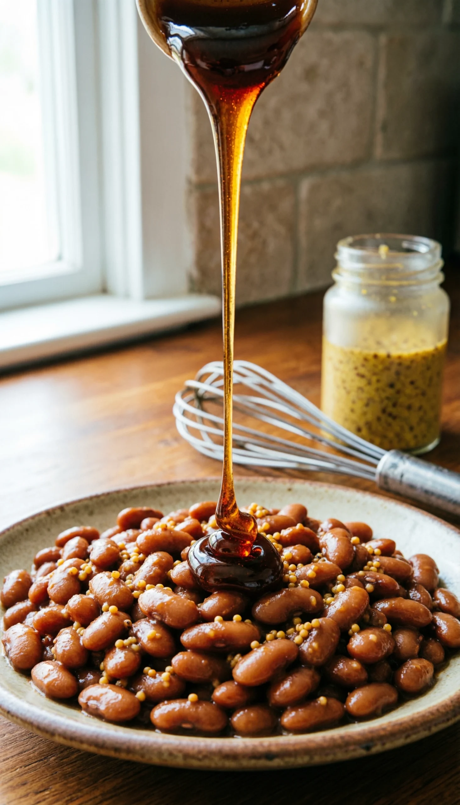 A close-up of glossy molasses drizzling into Dr Pepper baked beans with whole grain mustard for a sweet BBQ glaze.