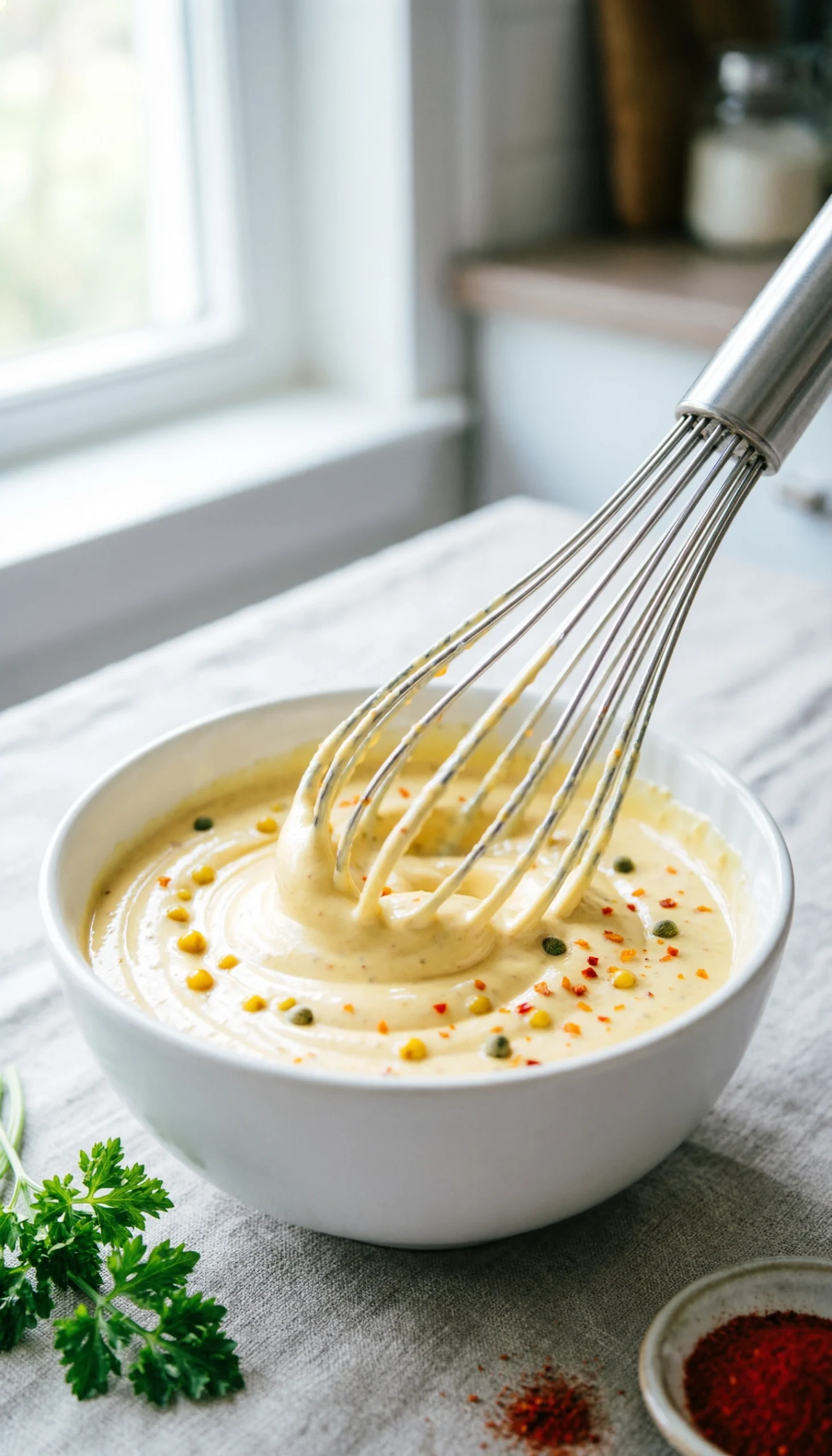 A creamy pale yellow salad dressing with mayonnaise and mustard is being whisked in a ceramic bowl with paprika and fresh dill.