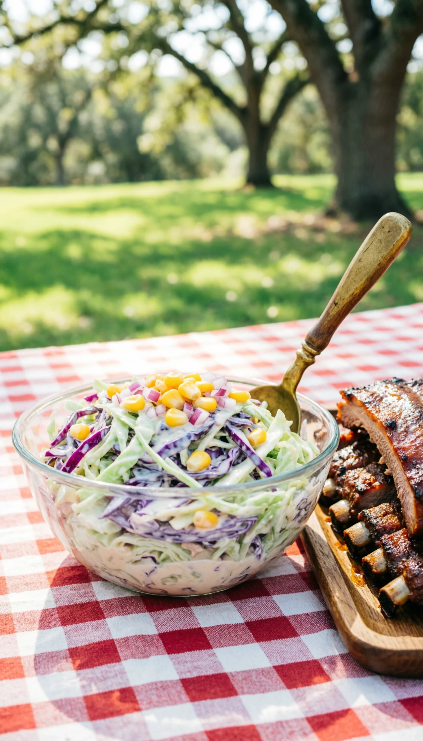 A glass serving bowl of vibrant, creamy Southern coleslaw sits on a checkered picnic table with smoked pulled pork and BBQ.