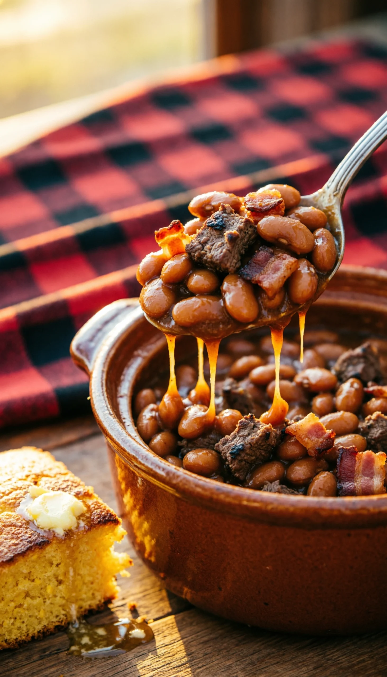 A hearty spoonful of Cowboy Dr Pepper baked beans with ground beef and bacon served with rustic buttery cornbread.