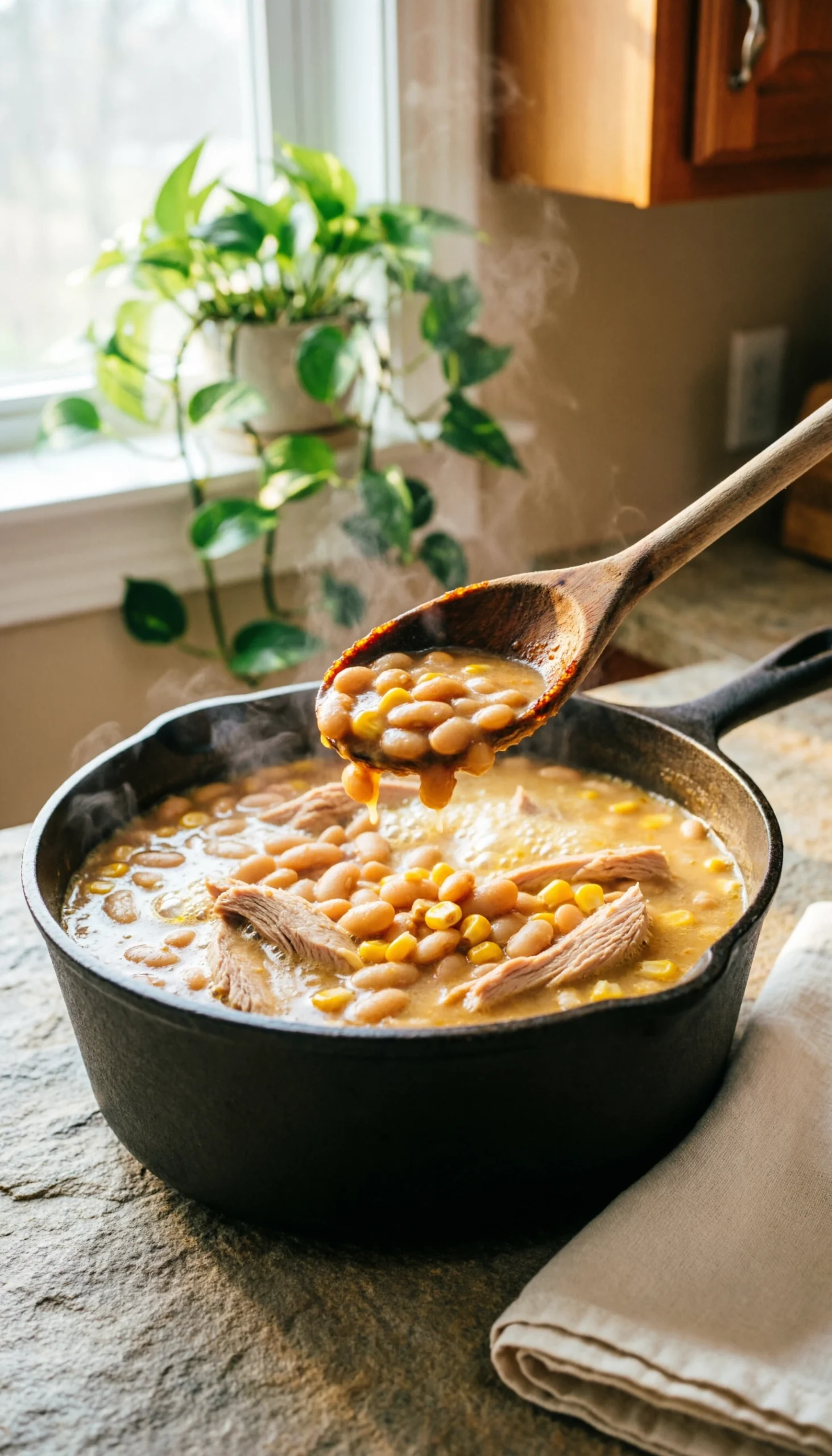 A ladle scoops hearty white bean turkey chili with corn and beans from a simmering pot in a cozy, steaming kitchen.