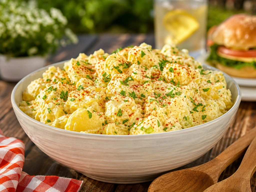 A large bowl of creamy southern potato salad with paprika and parsley sits on a rustic picnic table, perfect for a backyard cookout.