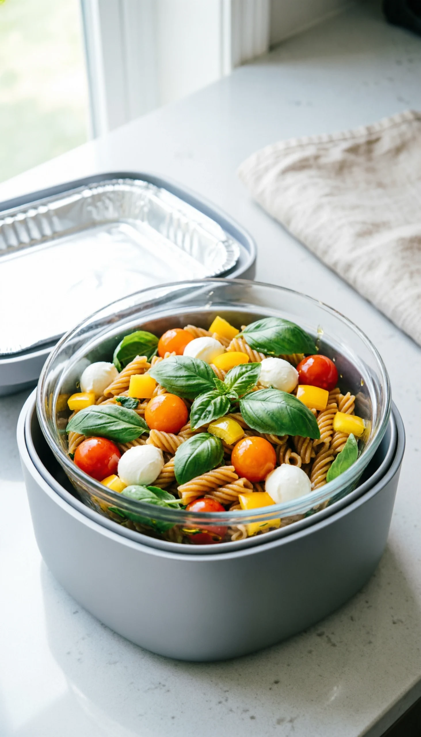 A large glass bowl of Italian pasta salad being placed into a modern insulated food carrier for an outdoor picnic.
