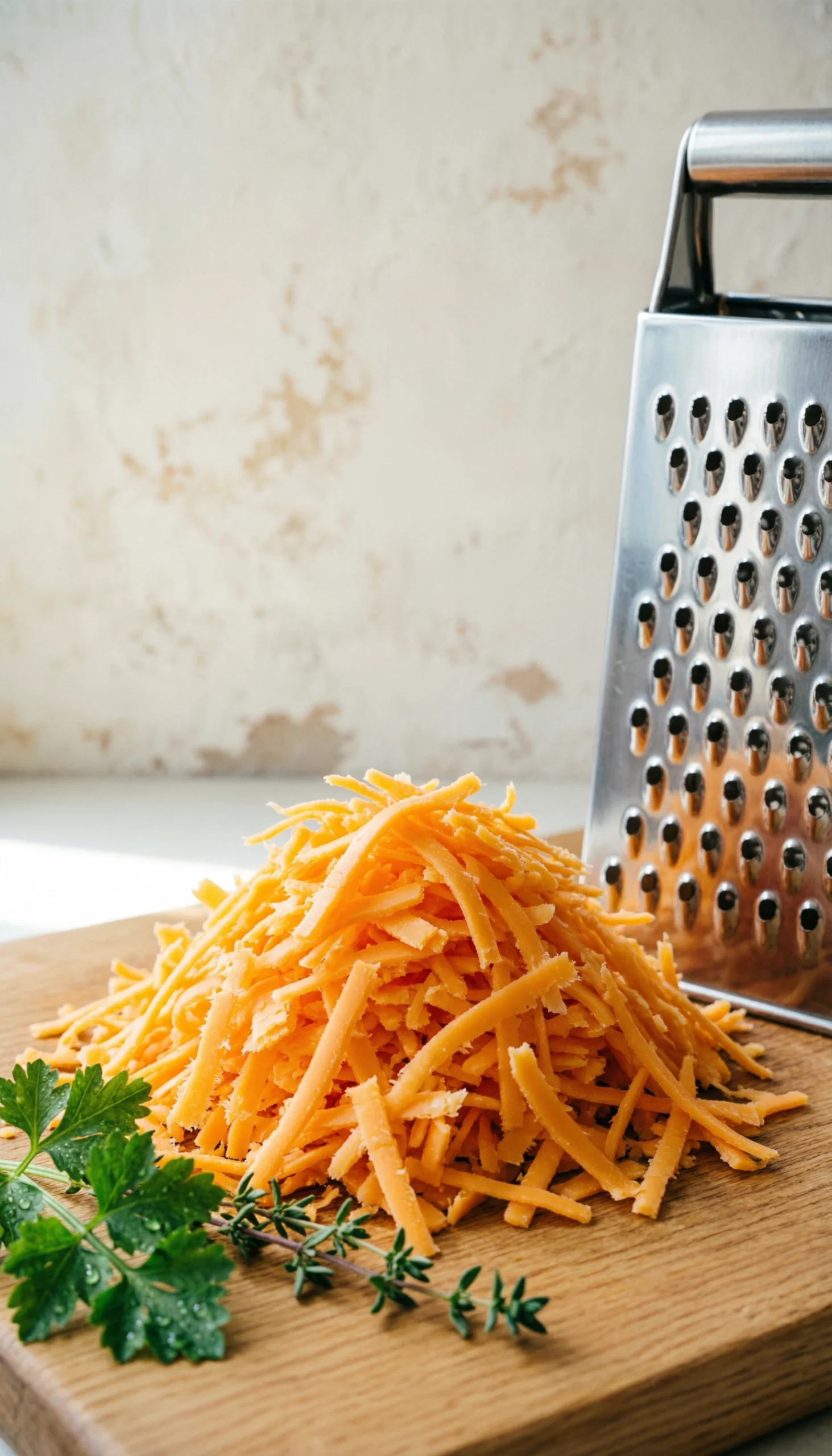 A mountain of shredded sharp cheddar cheese next to a stainless steel box grater on a rustic wooden board.