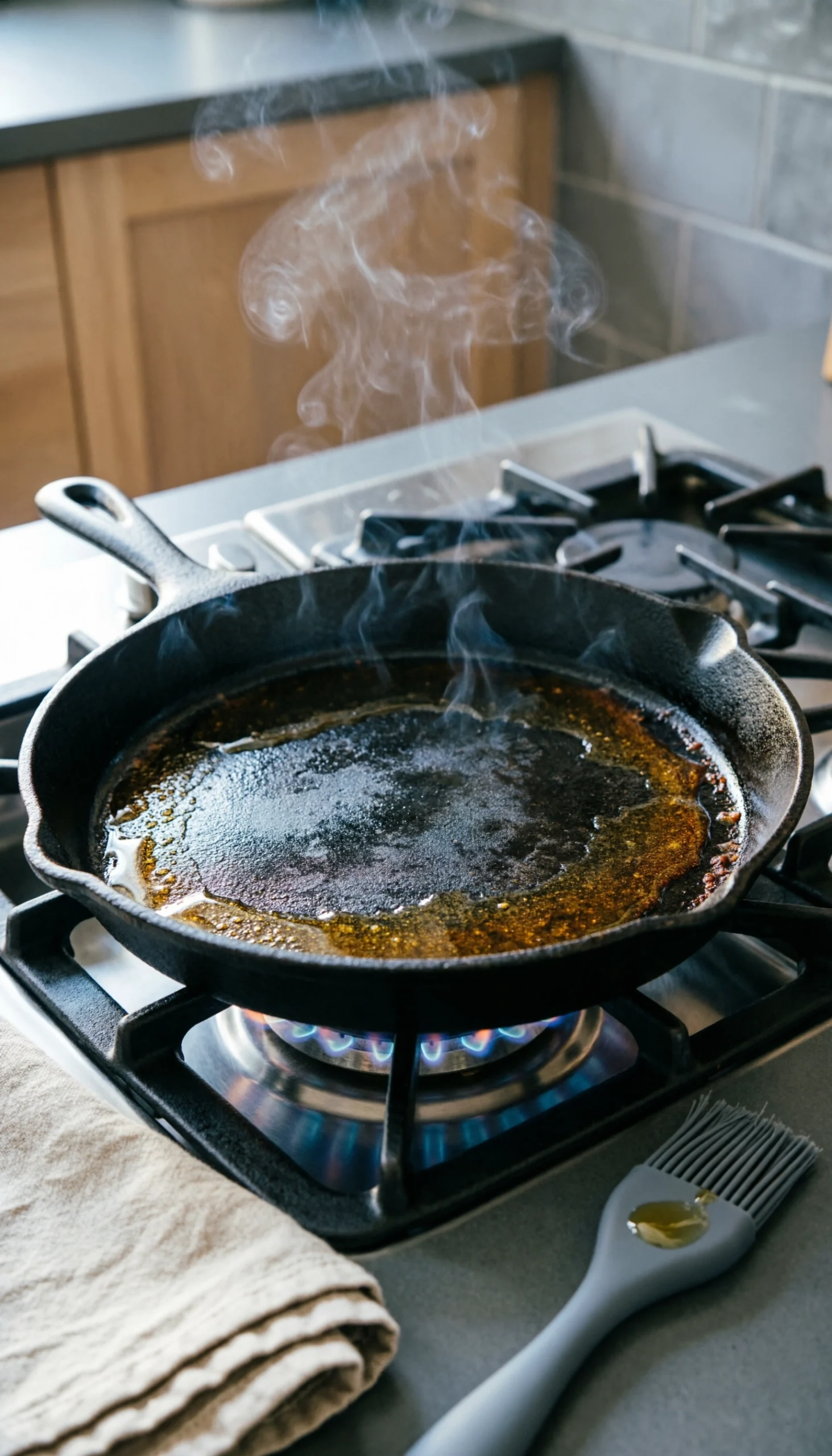 A smoking hot black cast iron grill pan on a professional gas stove ready for searing marinated poultry.