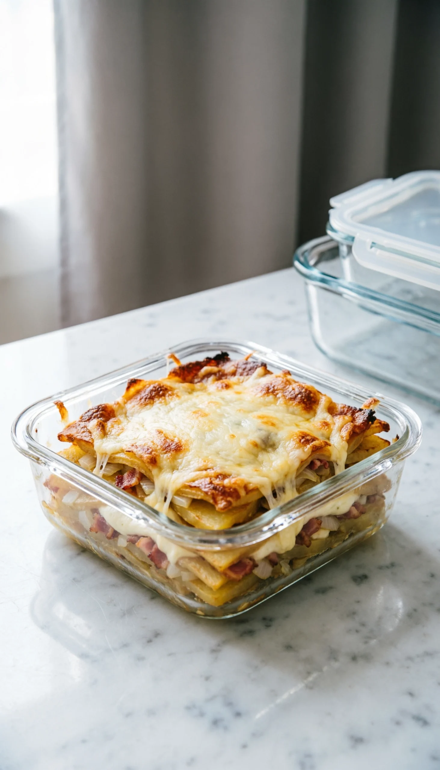 A square serving of cheesy potato casserole stored in a glass container on a modern marble kitchen countertop.