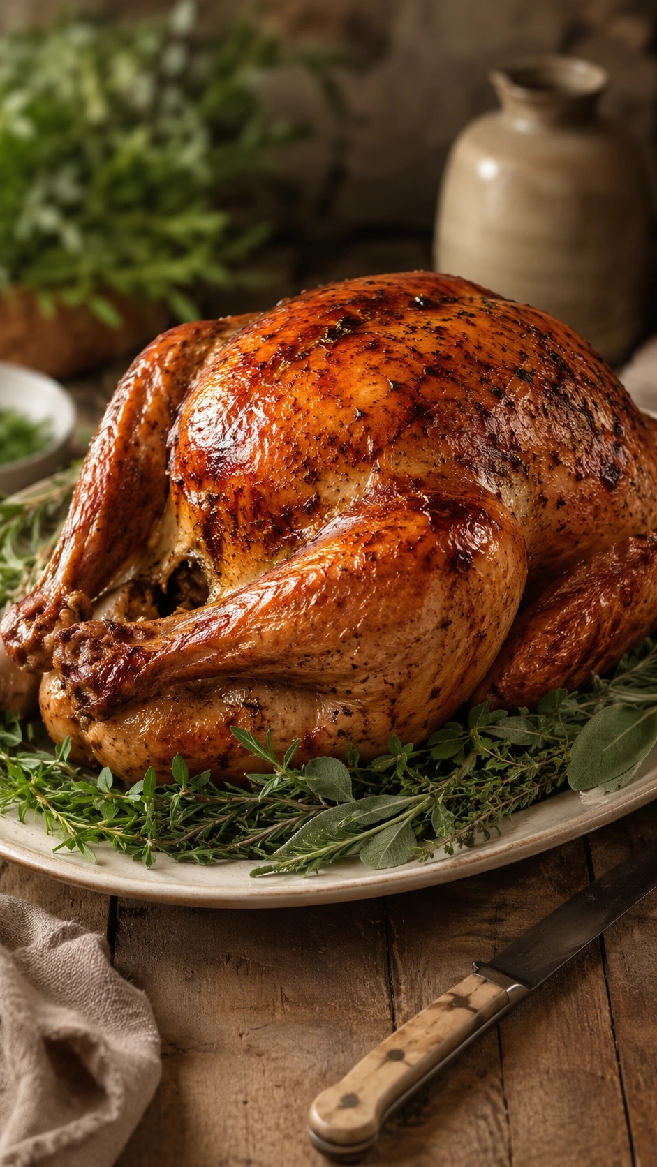 A whole roasted turkey with crisp golden skin on an elegant platter with fresh herbs and a carving knife nearby.