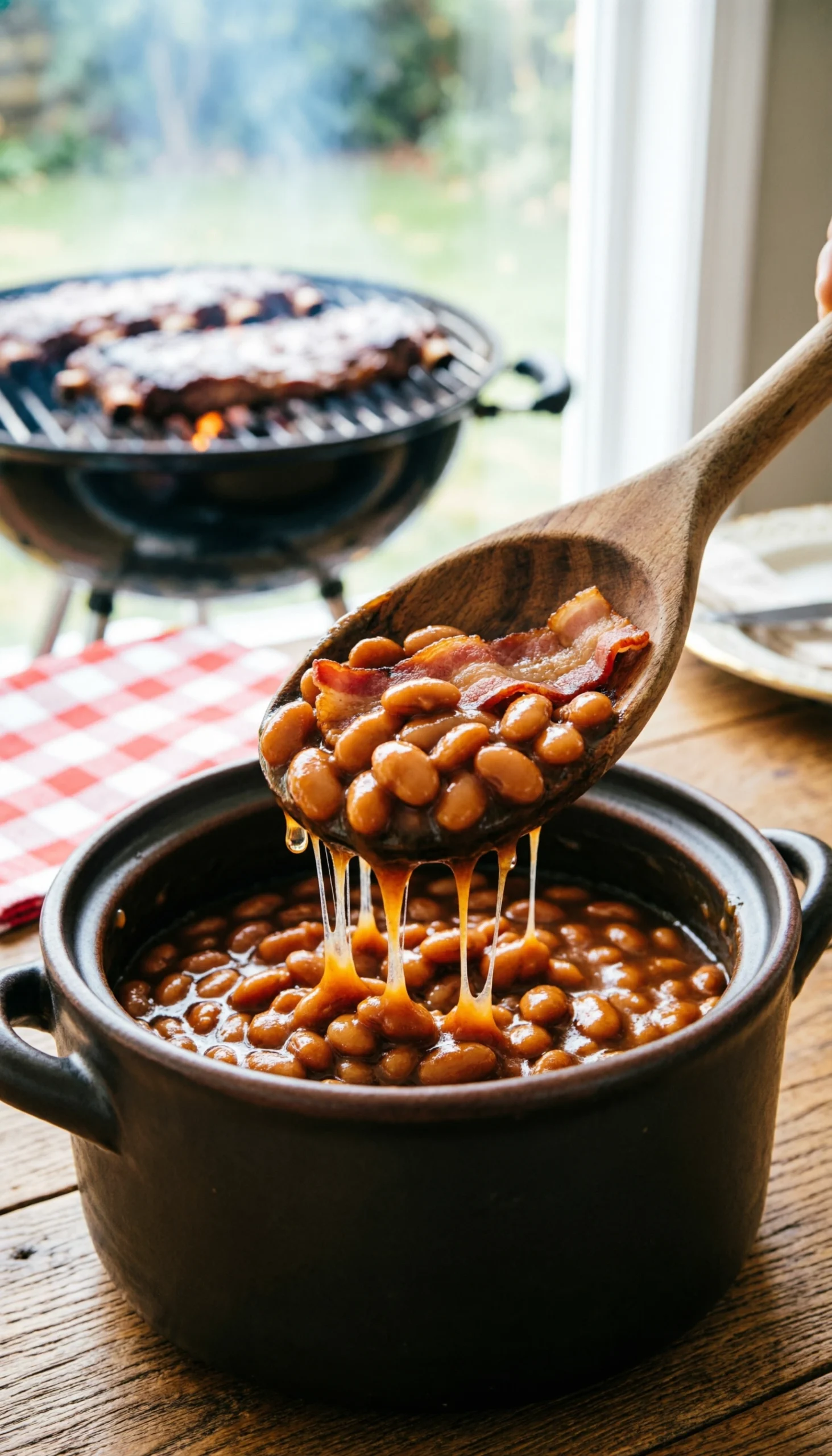 A wooden spoon lifting a hearty scoop of thick, saucy baked beans with bacon in a rustic outdoor picnic setting.