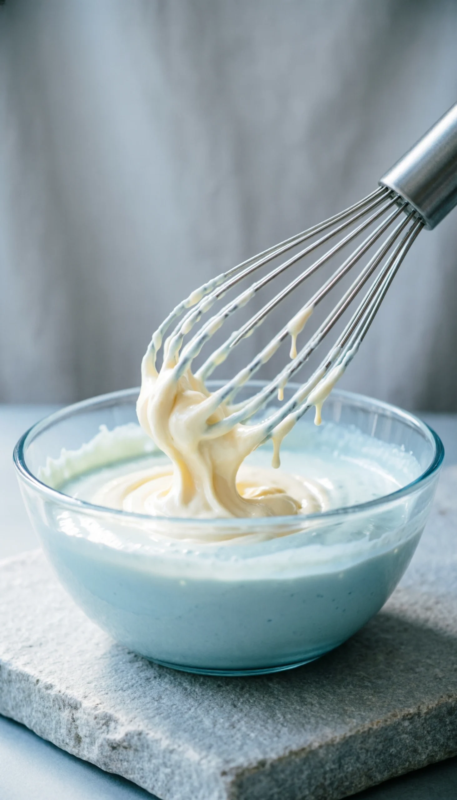 Actively whisking a thick, velvety mayonnaise and buttermilk dressing in a clear glass bowl, with ribbons of creamy sauce.