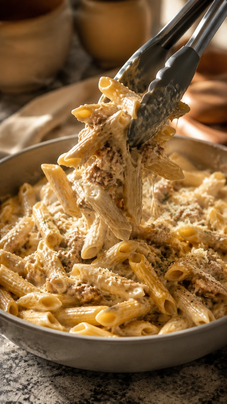 Al dente penne pasta tossed in a thick creamy turkey sauce with parmesan cheese in a warm kitchen environment.