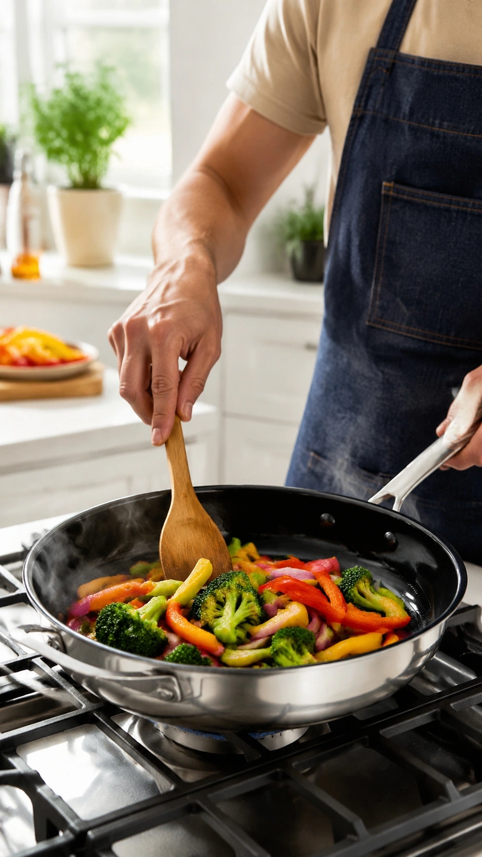Testing setup photo showing the Alva Maestro pan on an induction stovetop with eggs cooking, demonstrating the nonstick surface in action.