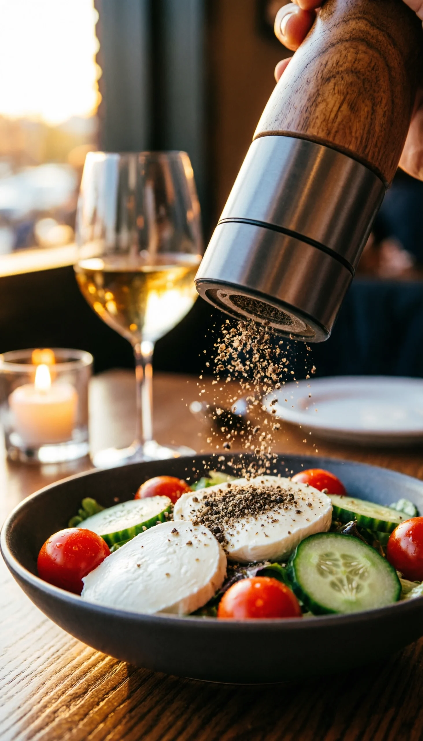 An electric grinder sprinkles fresh black peppercorns over a colorful caprese salad of tomatoes, cucumbers, and mozzarella.