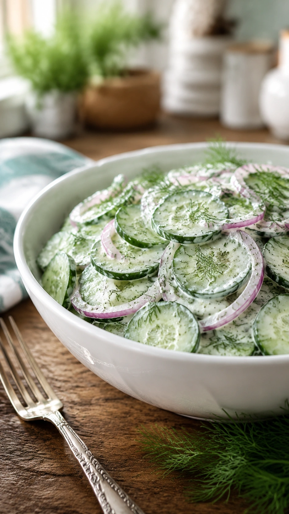 Appetizing creamy dill cucumber salad with red onions and fresh dill in a white ceramic bowl on a rustic wooden table, highlighted by natural light.