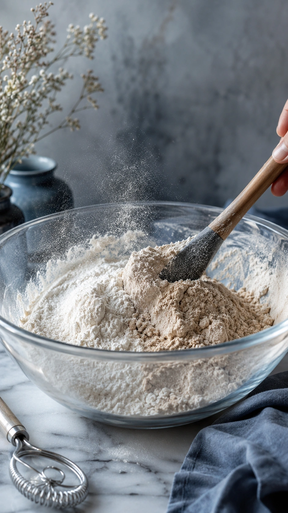 Artisan flours being mixed in a glass bowl on a marble countertop with a stainless steel whisk for gourmet cookies.