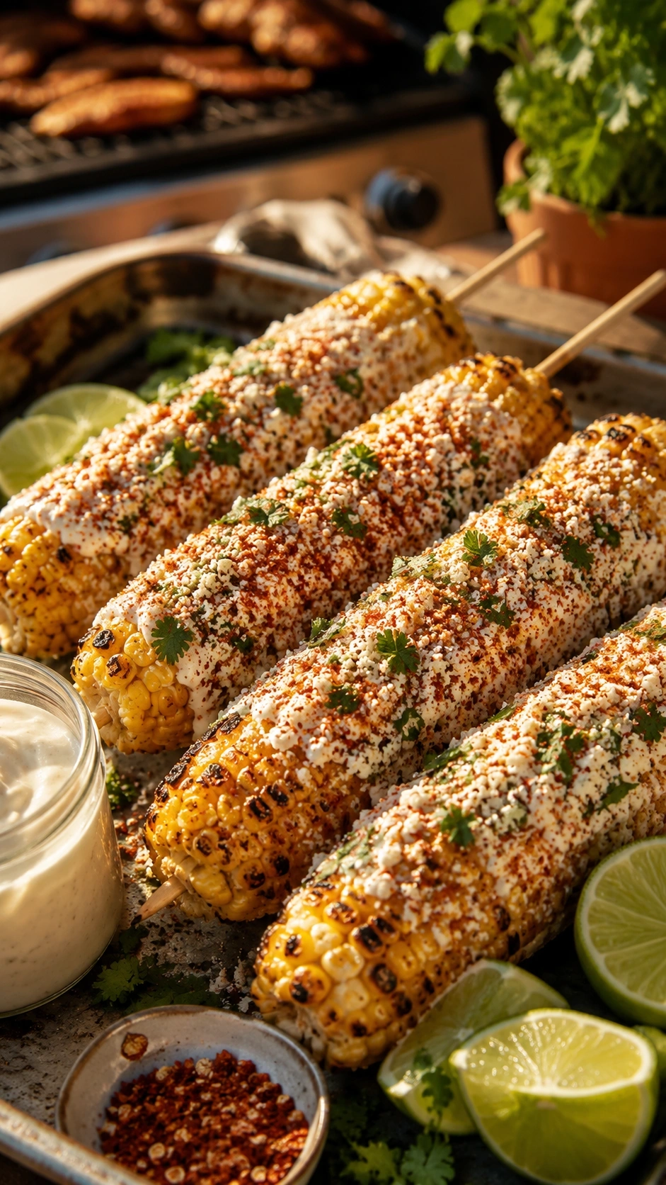 Authentic Mexican street corn on the cob with charred kernels, creamy sauce, cotija cheese, chili powder, and cilantro.