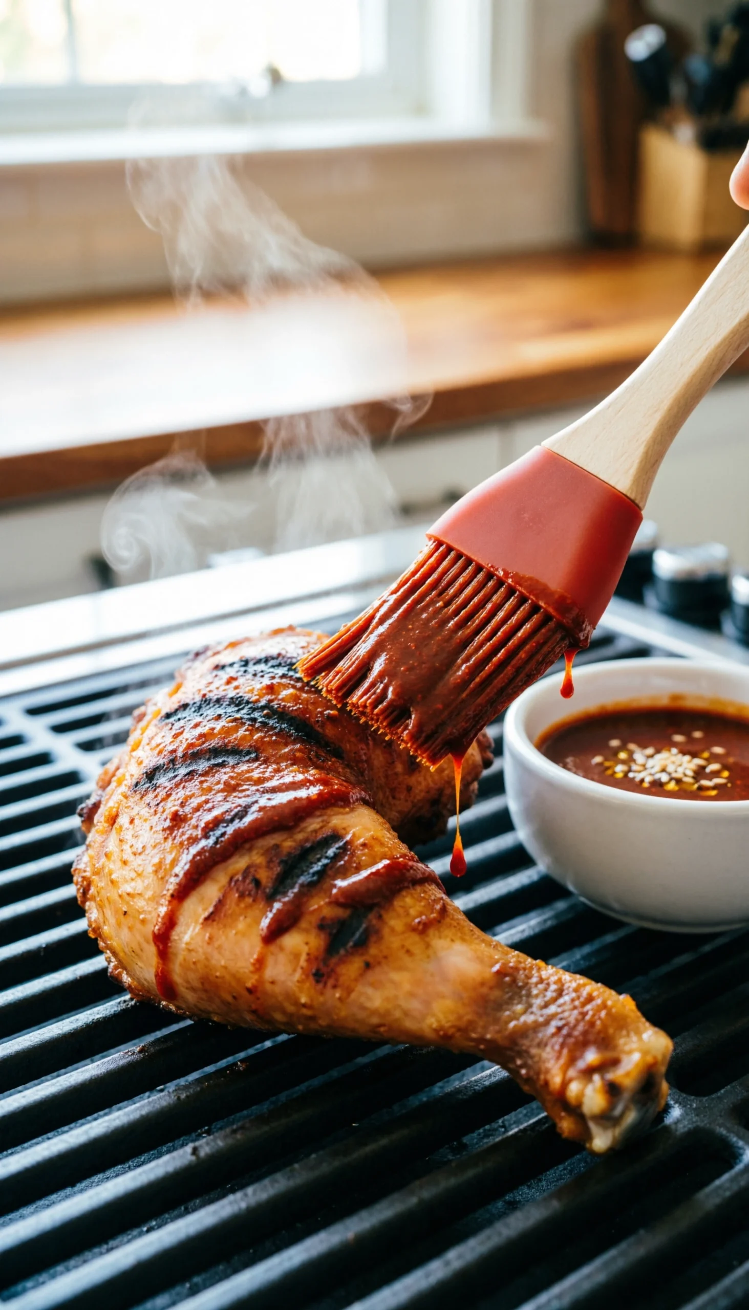 Basting grilled chicken with thick Gochujang glaze using a silicone brush on a hot indoor stovetop grill.