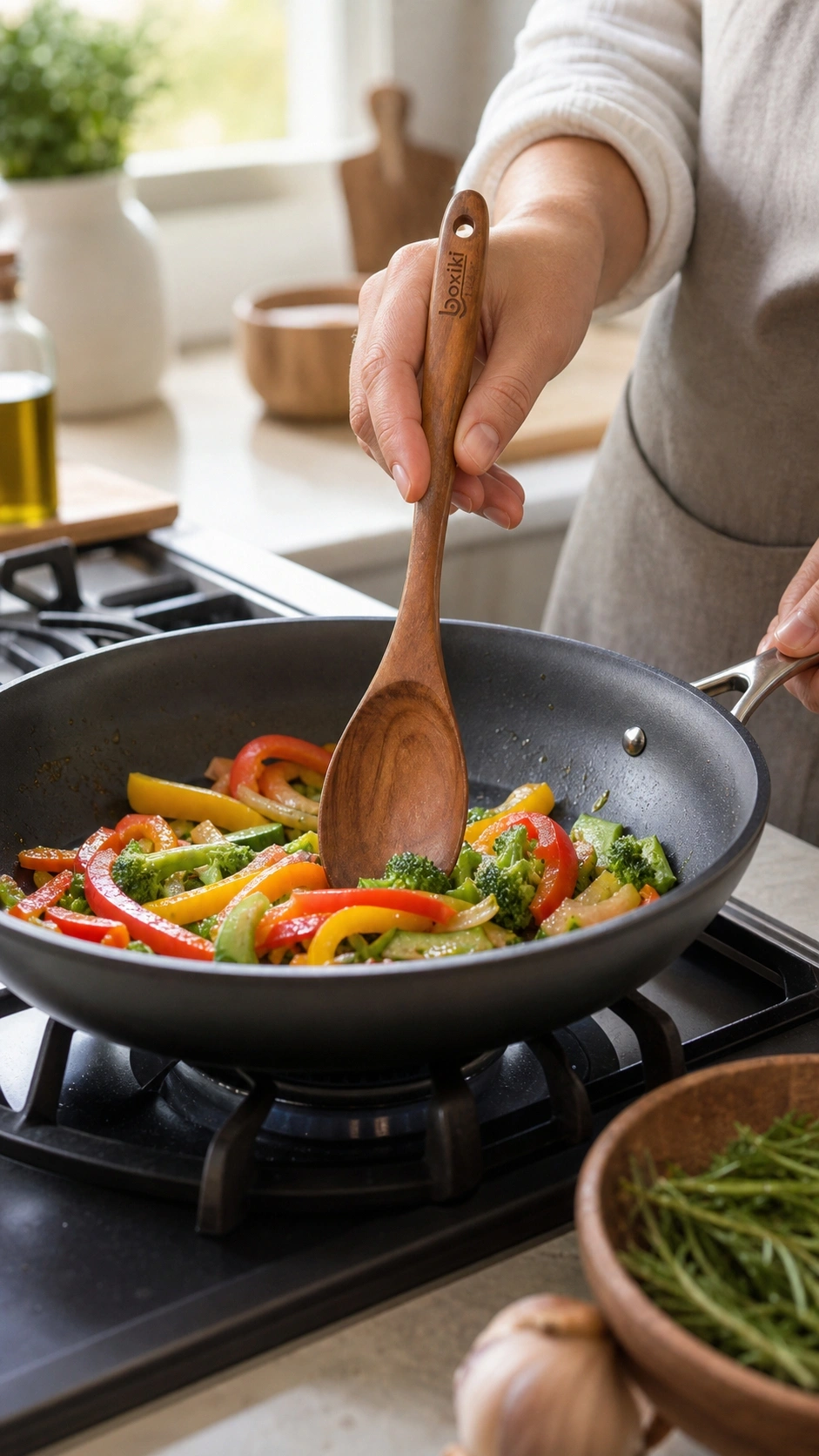 Photo of the Boxiki spatula actively lifting food from a non-stick frying pan, showing the oil-conditioned wood grain