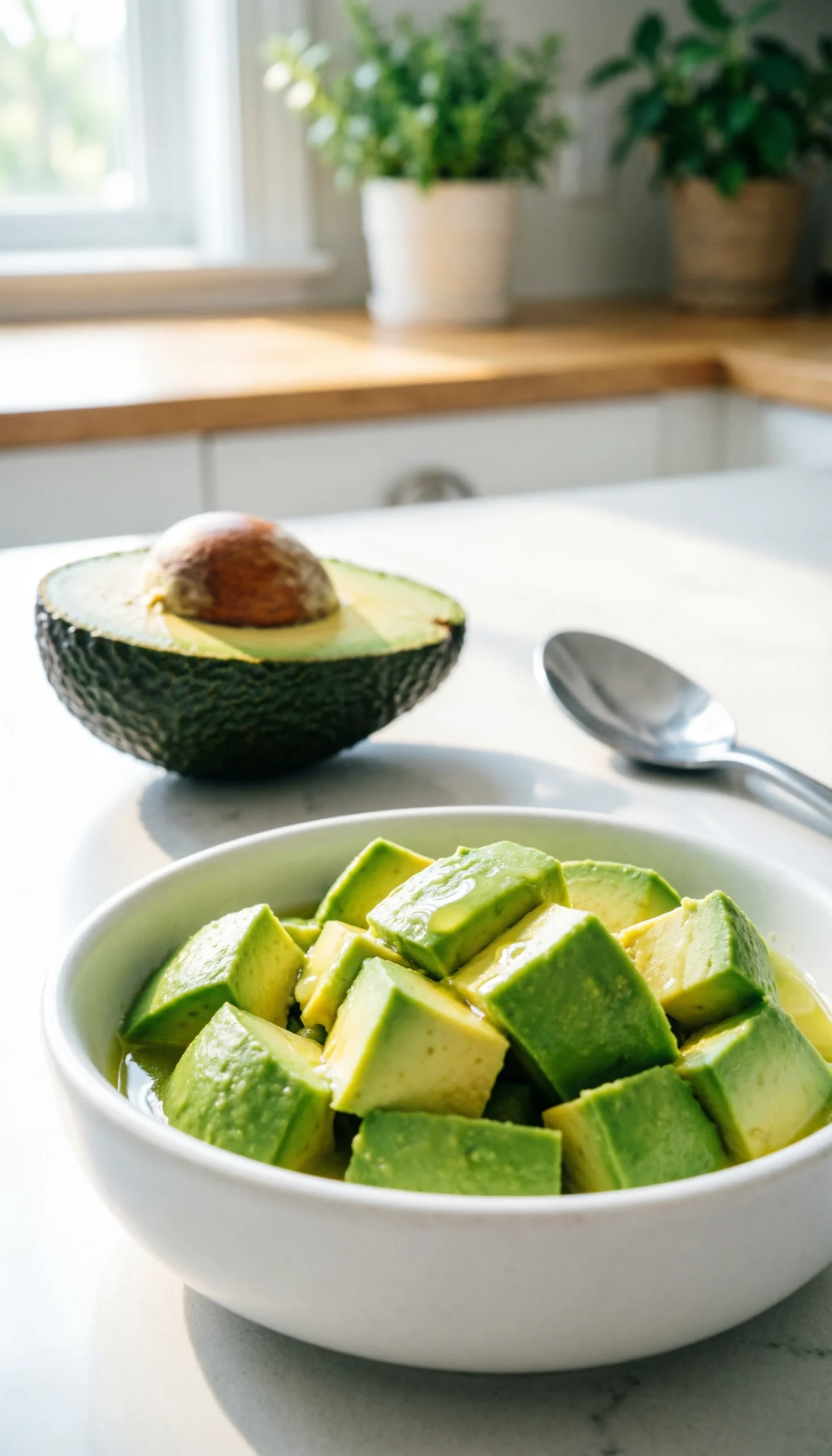 Bright green diced avocado cubes are drizzled with fresh lime juice in a white ceramic bowl for a healthy recipe.