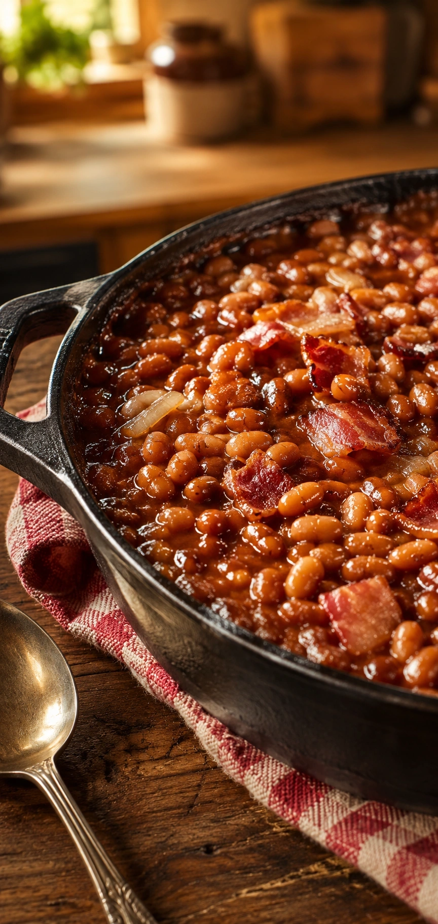 Bubbling Dr Pepper baked beans with thick bacon and caramelized onions in a rustic cast iron dish on a wooden table.