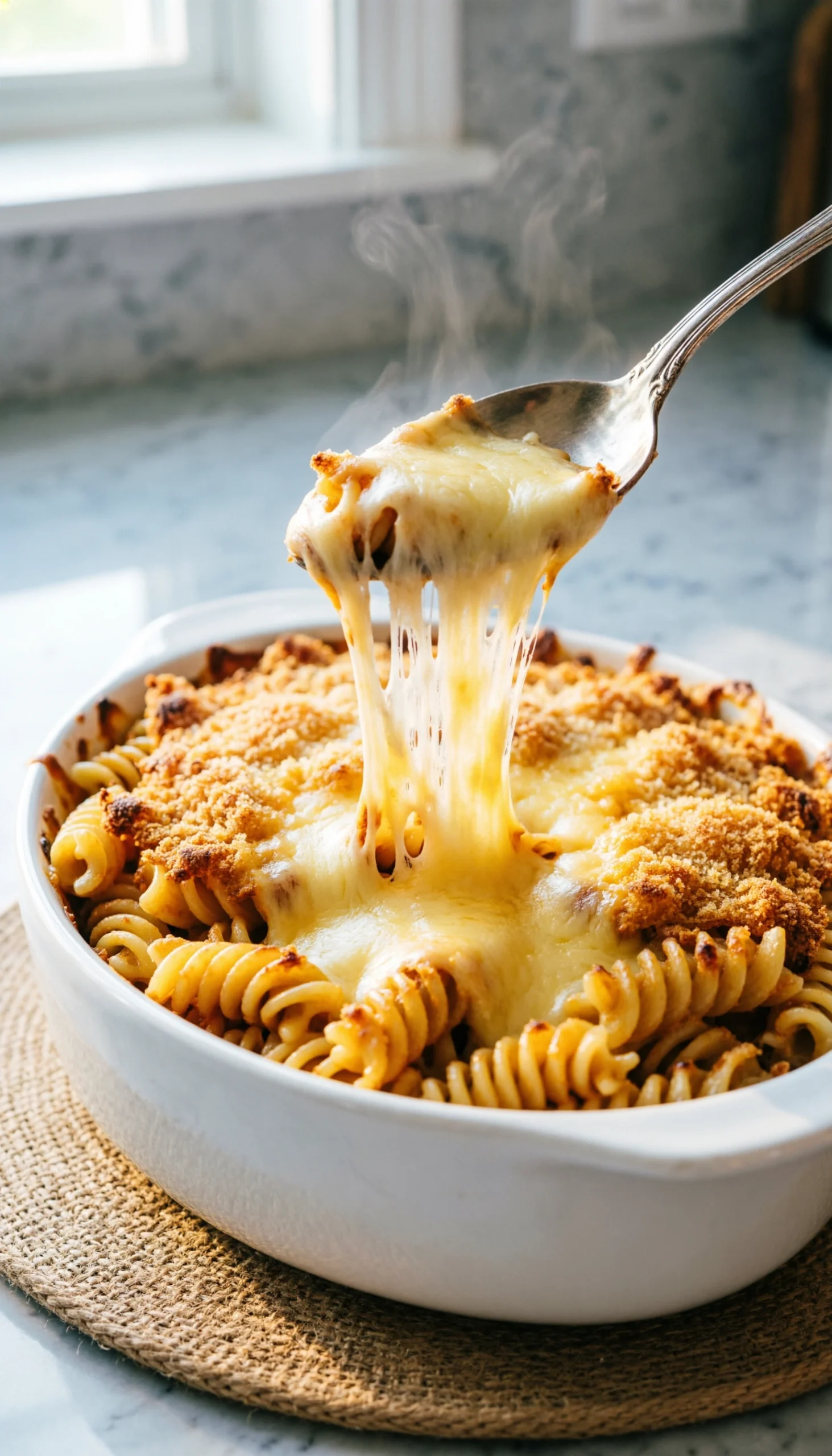 Bubbling baked mac and cheese with a golden breadcrumb crust in a white casserole dish with a cheesy serving spoon.