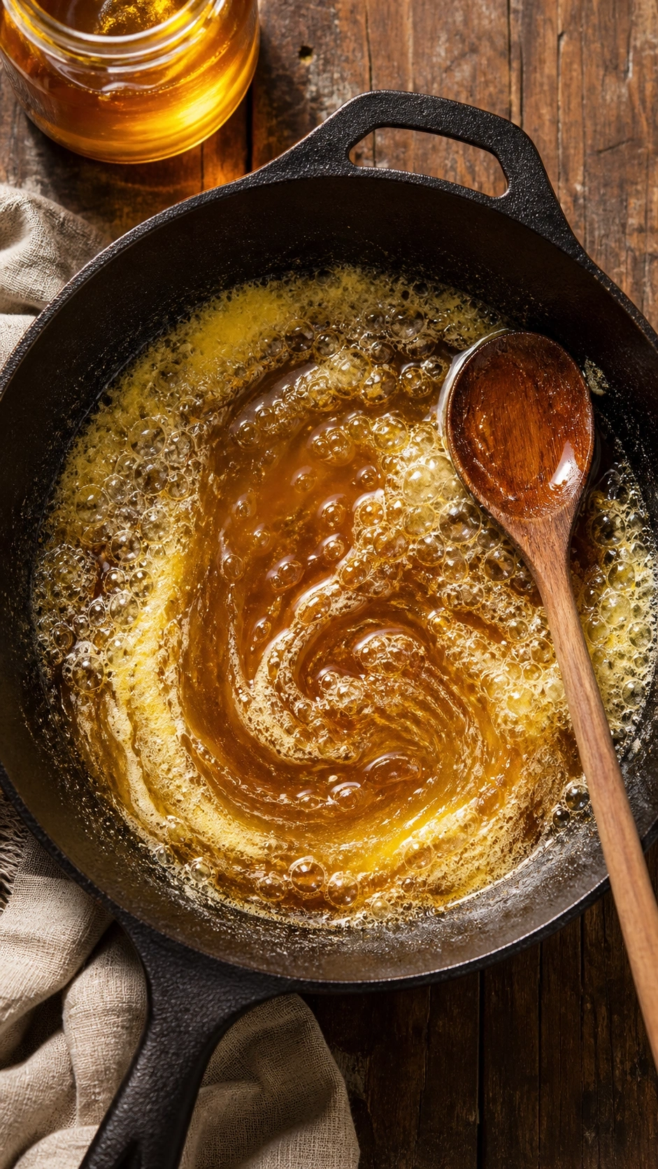 Bubbling melted butter and golden honey swirling together in a dark cast iron skillet on a rustic wooden table.