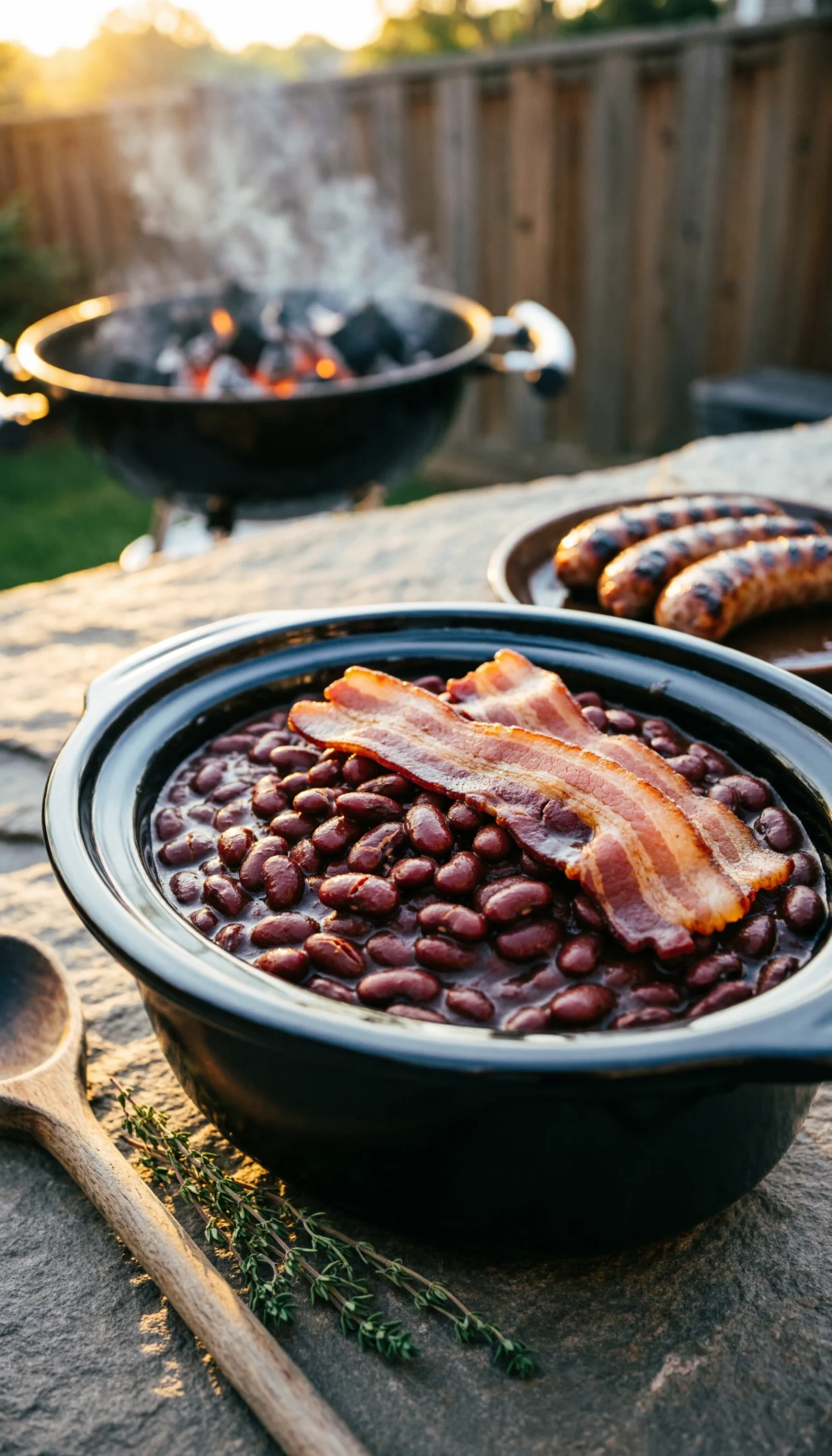 Bubbling, rich mahogany baked beans with bacon in a slow cooker on a stone outdoor kitchen surface with blurred BBQ hot dogs.