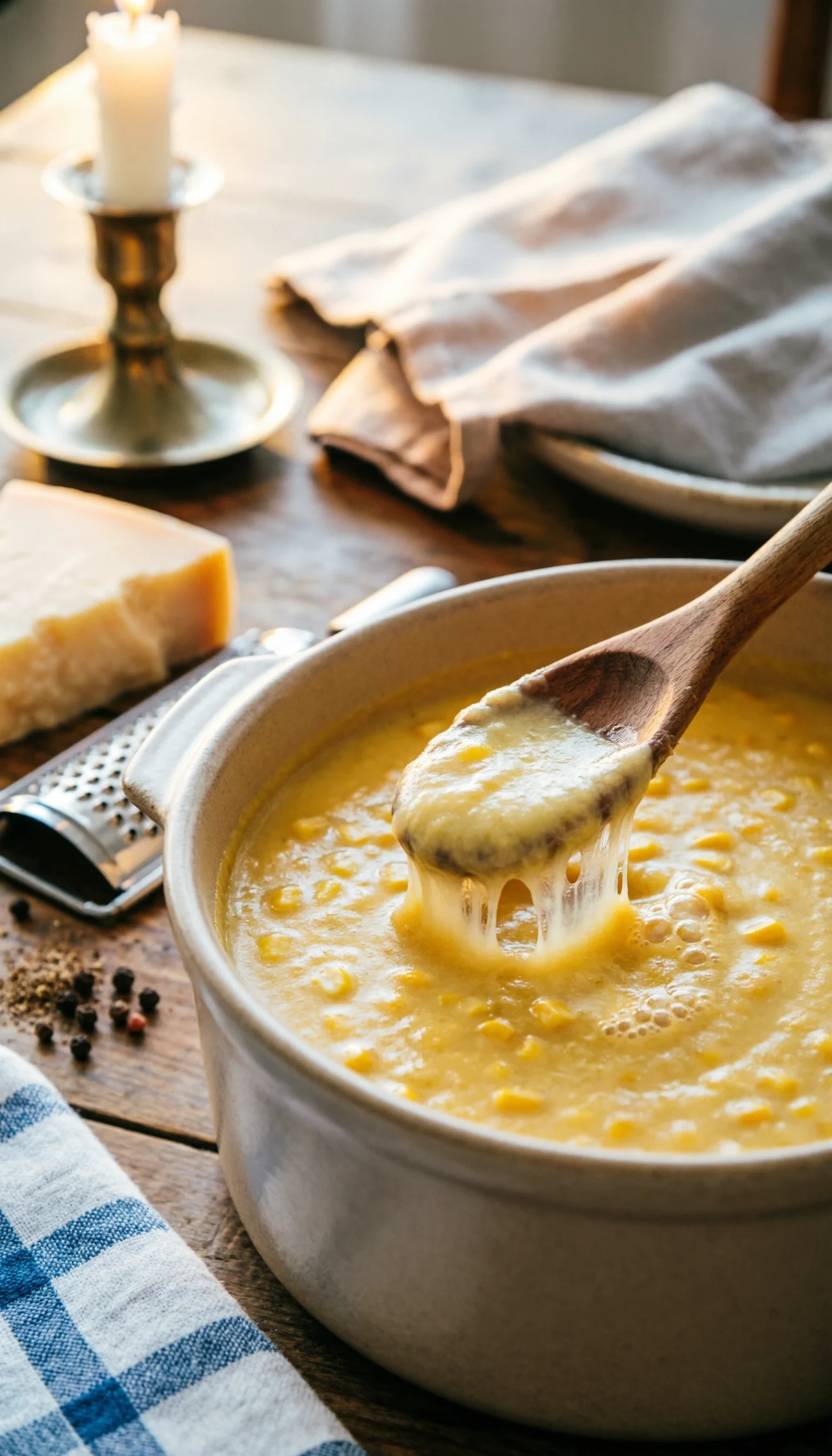 Bubbling slow cooker creamed garlic parmesan corn with a cheese pull from a spoon, on a holiday table in warm light.