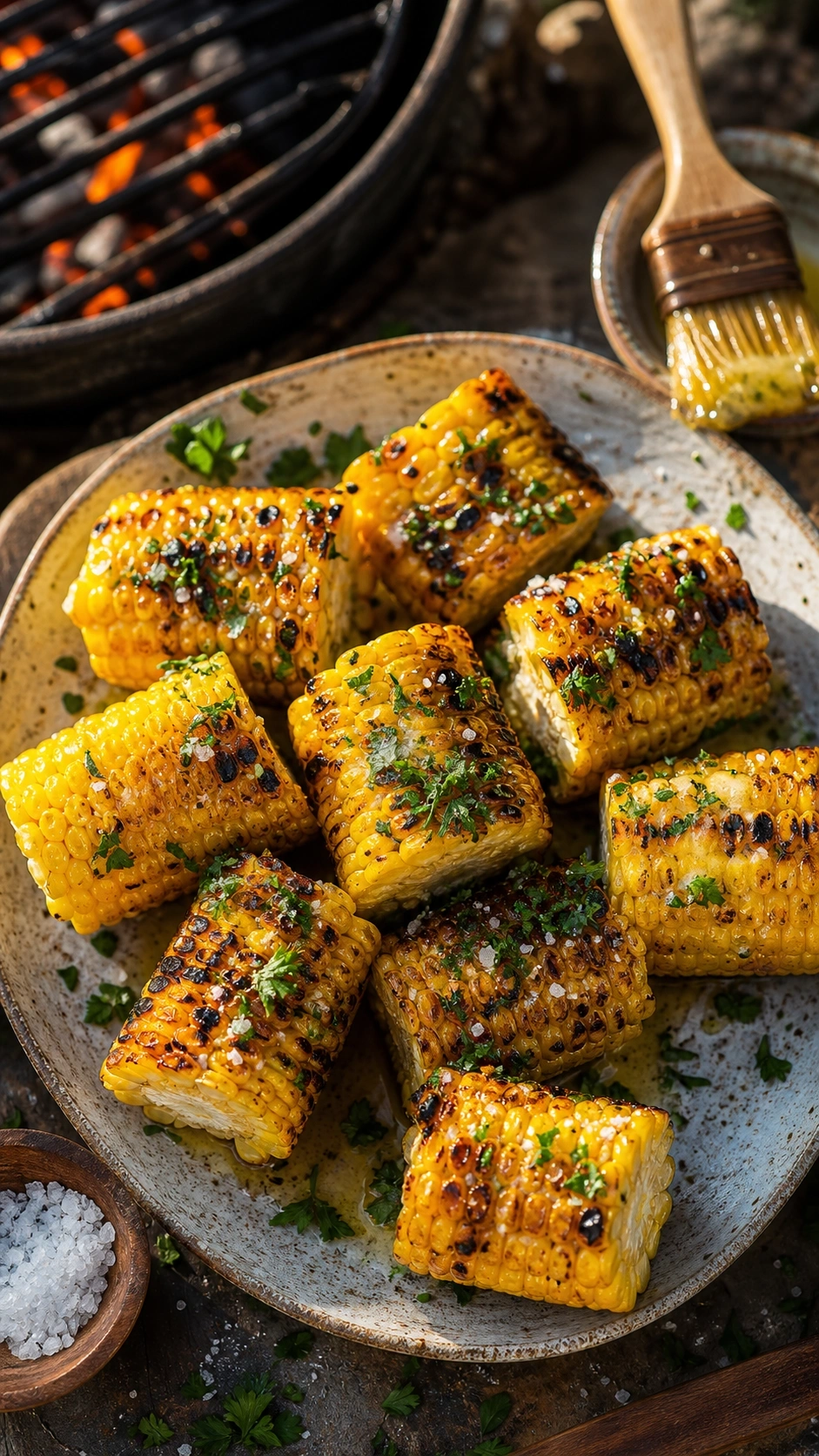 Buttery grilled corn on the cob with charred grill marks and fresh parsley on a rustic platter at a summer barbecue.
