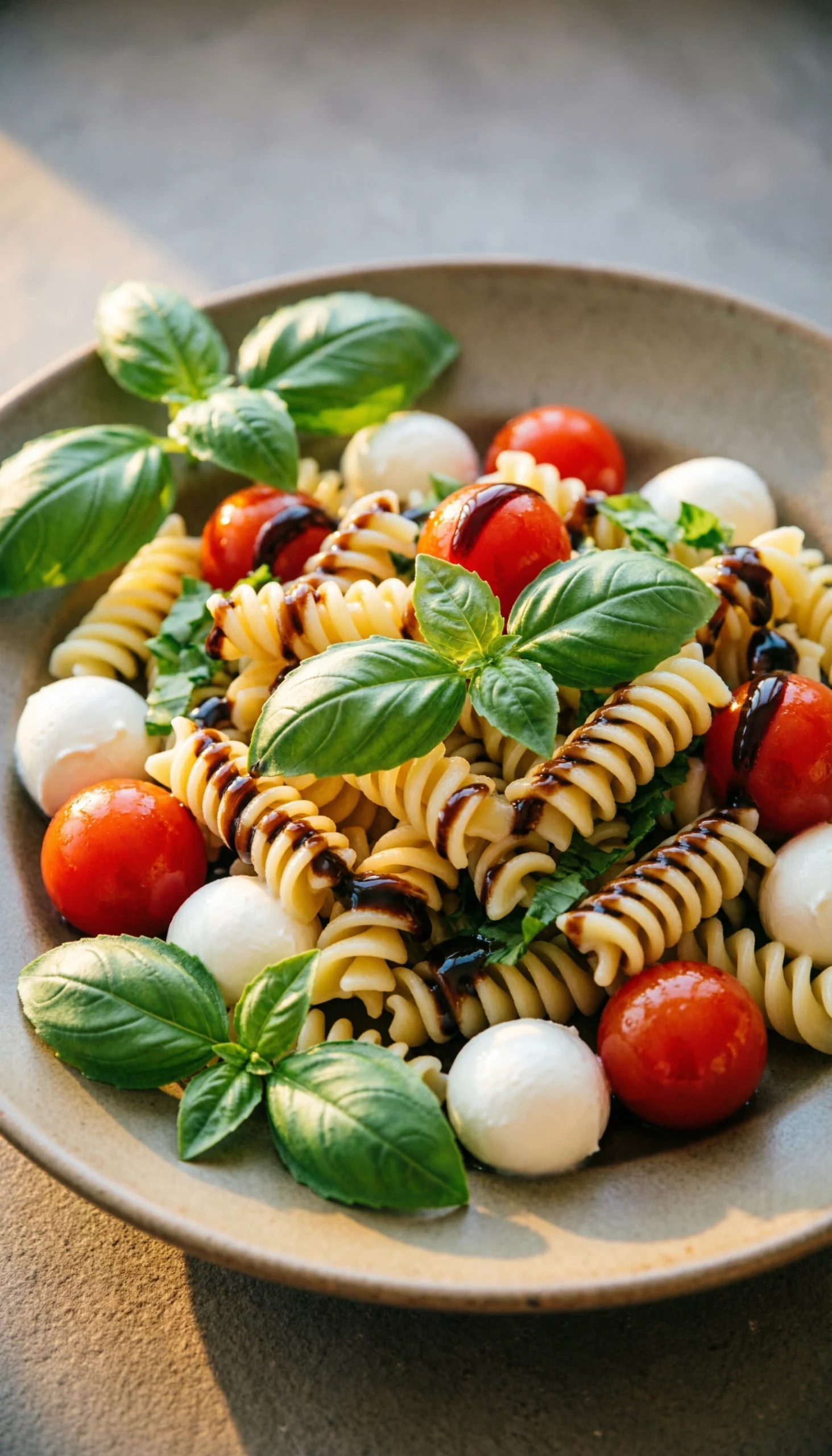 Caprese pasta salad with fusilli, cherry tomatoes, and mozzarella pearls drizzled with balsamic glaze on a plate.