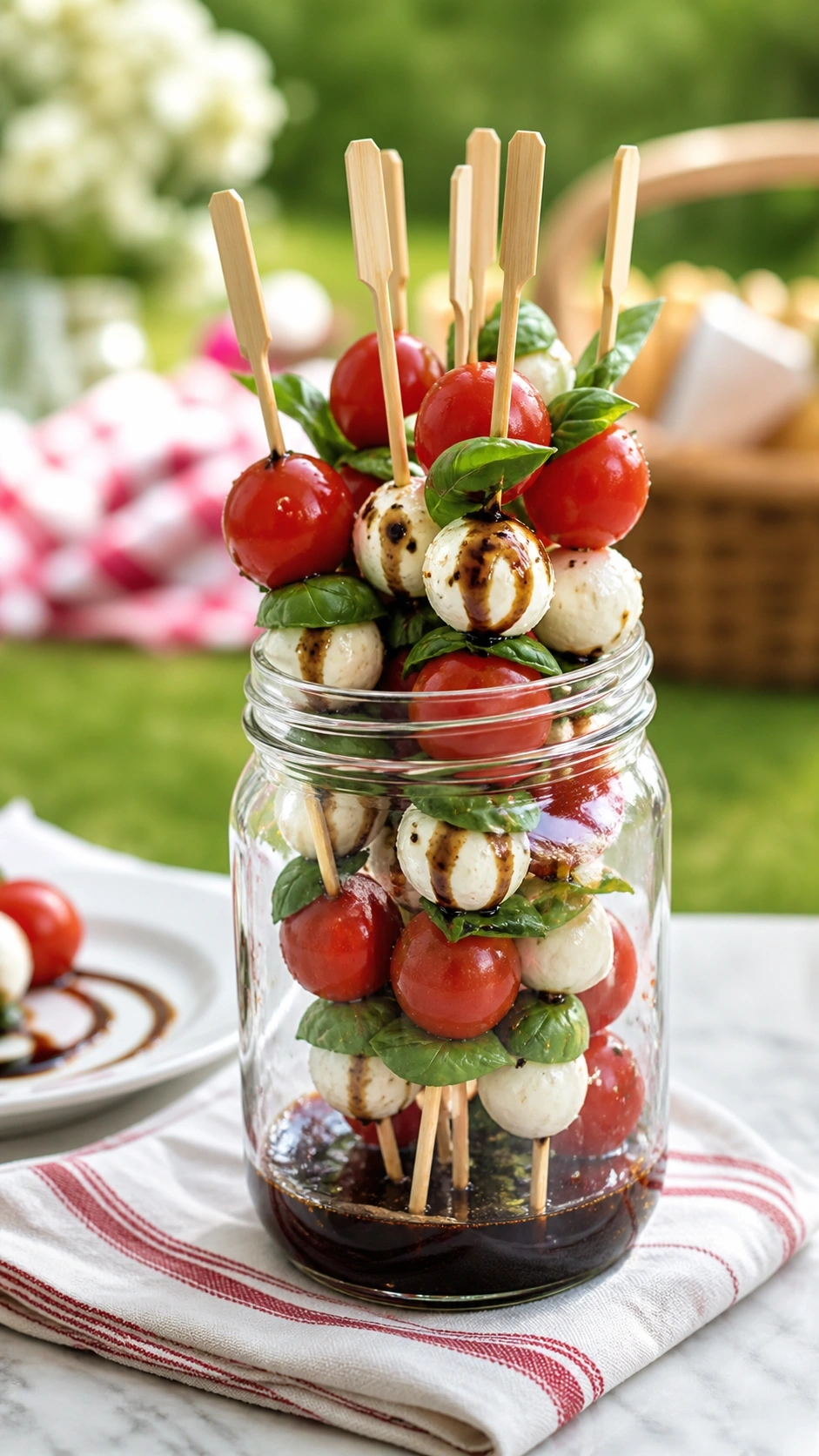 Caprese skewers with cherry tomatoes and mozzarella in a glass mason jar with balsamic glaze on a marble top.