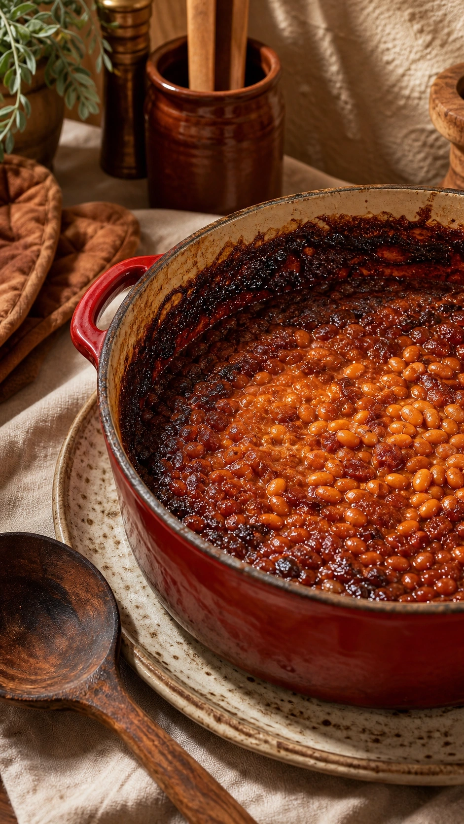 Caramelized baked beans bubbling in a red enameled cast iron Dutch oven with a thick syrupy sauce and a rustic finish.
