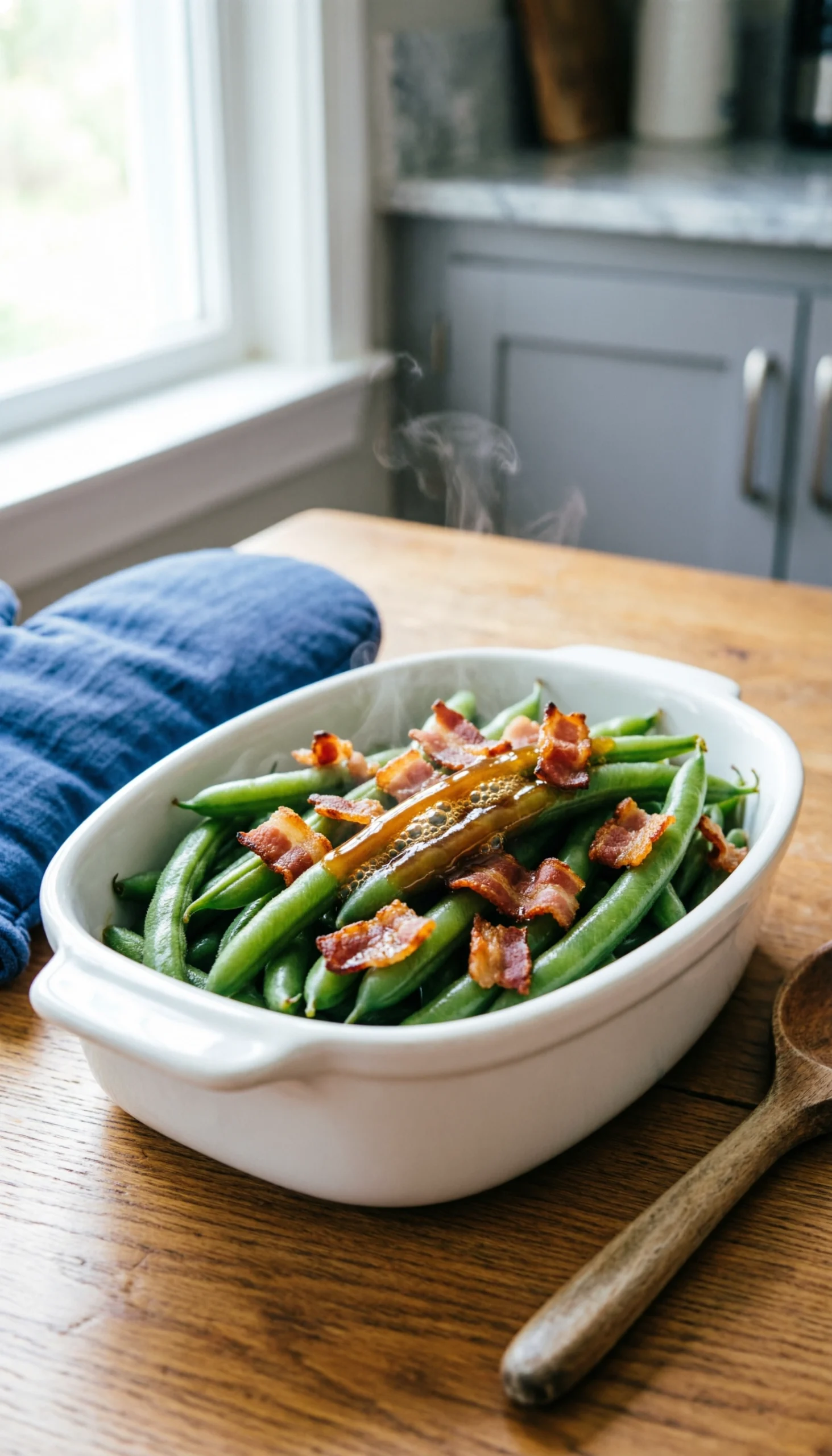 Caramelized green beans with crispy bacon in a white ceramic baking dish on a rustic wooden dining table.