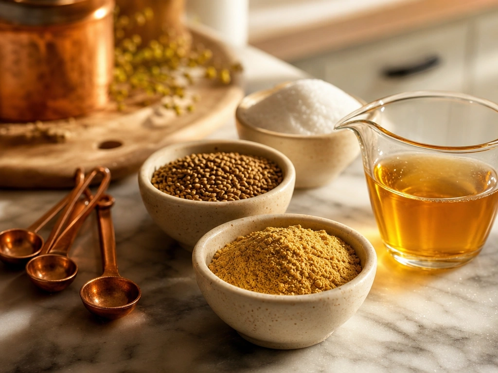 Ceramic bowls hold dry mustard, celery seeds, and granulated sugar next to golden apple cider vinegar and copper measuring spoons.