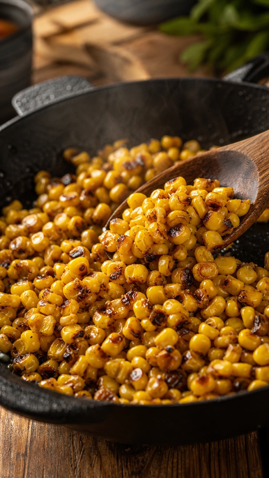 Charred golden sweet corn kernels sizzling in a seasoned black cast iron skillet on a rustic wooden table with steam.