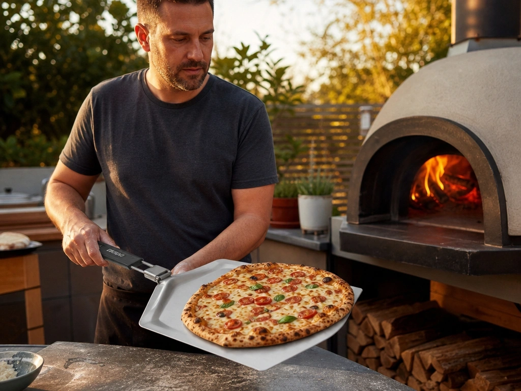 Checkered Chef folding pizza peel lifting a cooked pizza out of an oven