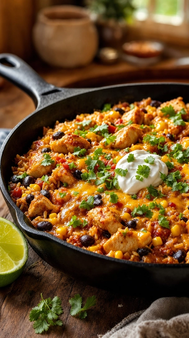 Cheesy Southwest chicken and rice skillet with black beans, corn, and cilantro in a cast-iron pan on a wooden table.